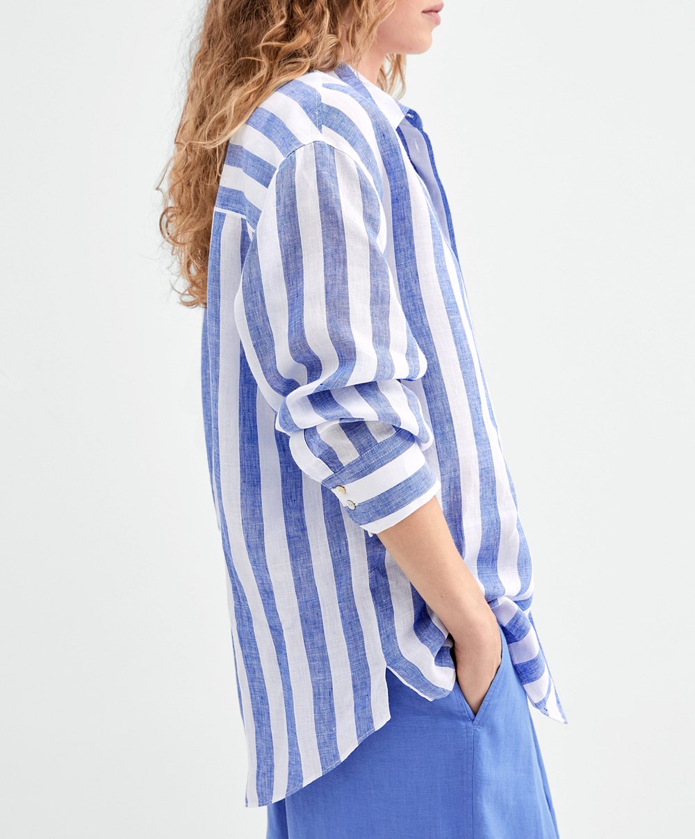 Oysho 100% Linen Long-sleeved Shirt Cobalt | TDKFYR-743