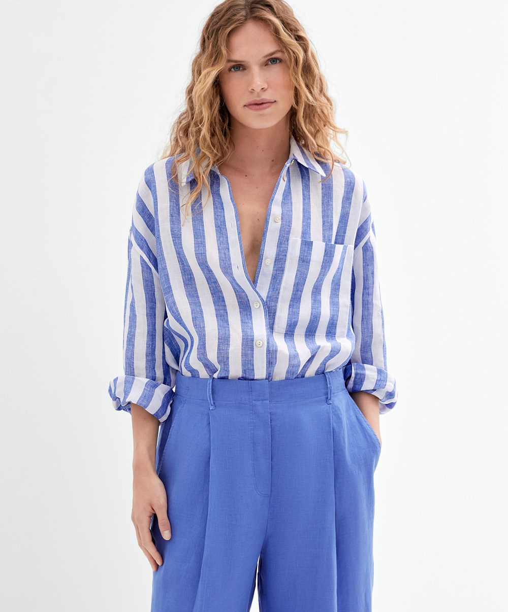 Oysho 100% Linen Long-sleeved Shirt Cobalt | TDKFYR-743