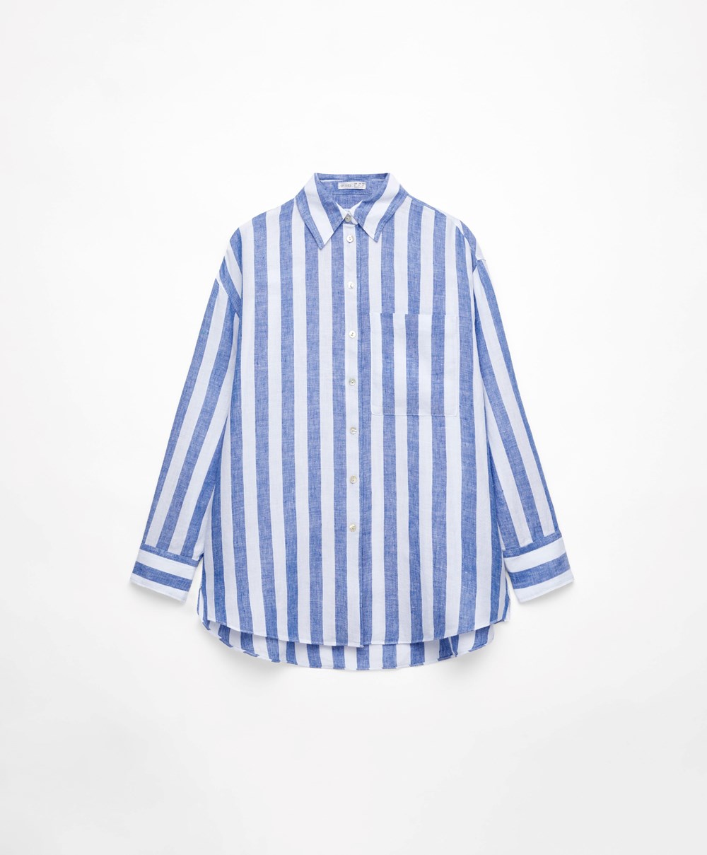 Oysho 100% Linen Long-sleeved Shirt Cobalt | TDKFYR-743