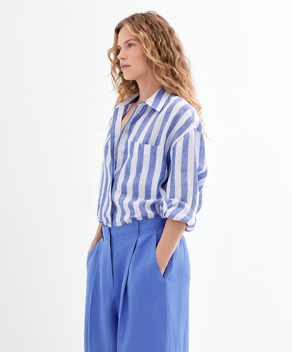 Oysho 100% Linen Long-sleeved Shirt Cobalt | TDKFYR-743