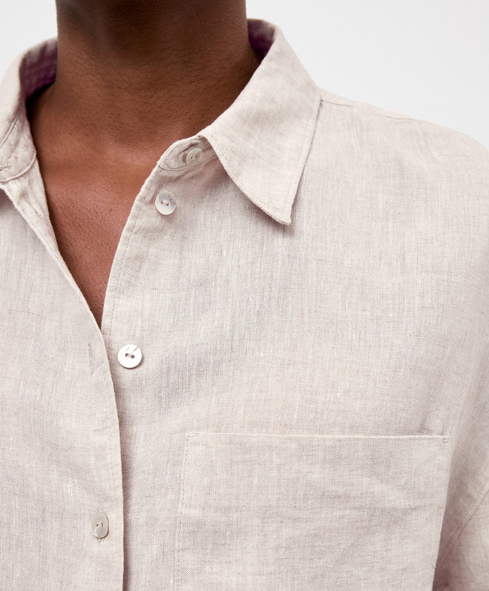 Oysho 100% Linen Long-sleeved Shirt Sand Melange | NUWYZH-923