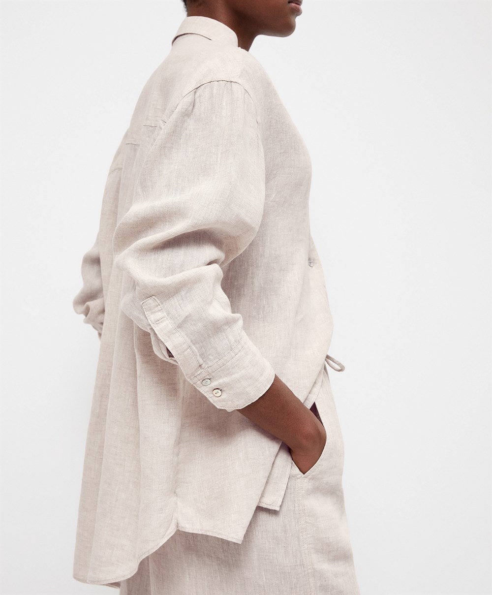 Oysho 100% Linen Long-sleeved Shirt Sand Melange | NUWYZH-923