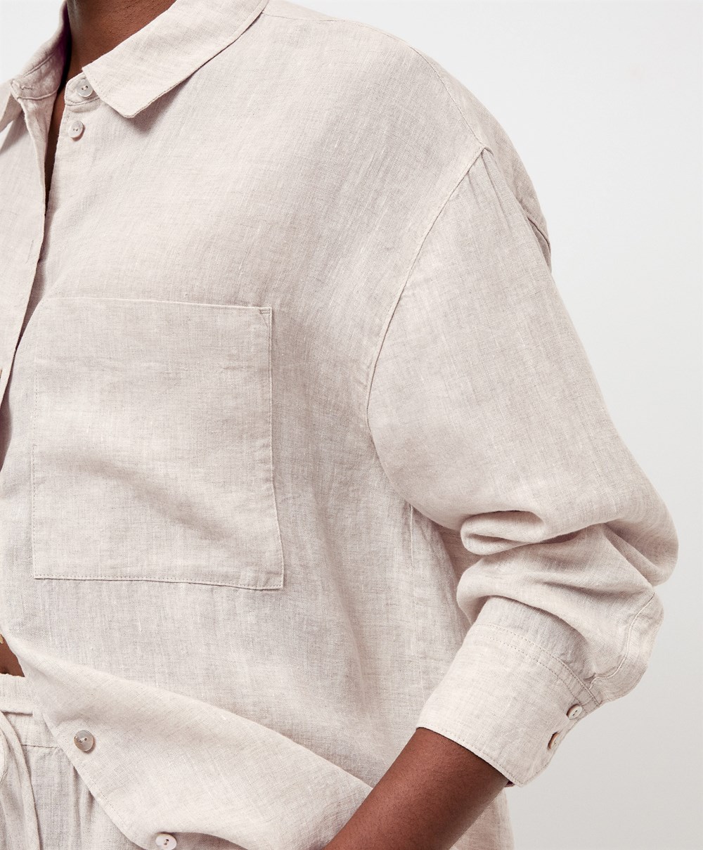 Oysho 100% Linen Long-sleeved Shirt Sand Melange | NUWYZH-923