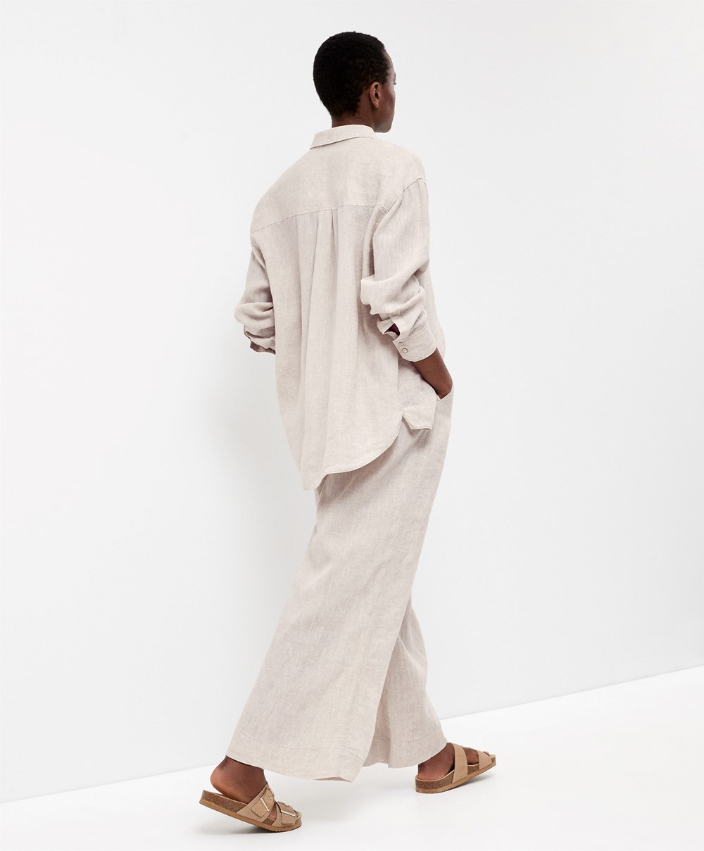 Oysho 100% Linen Long-sleeved Shirt Sand Melange | NUWYZH-923