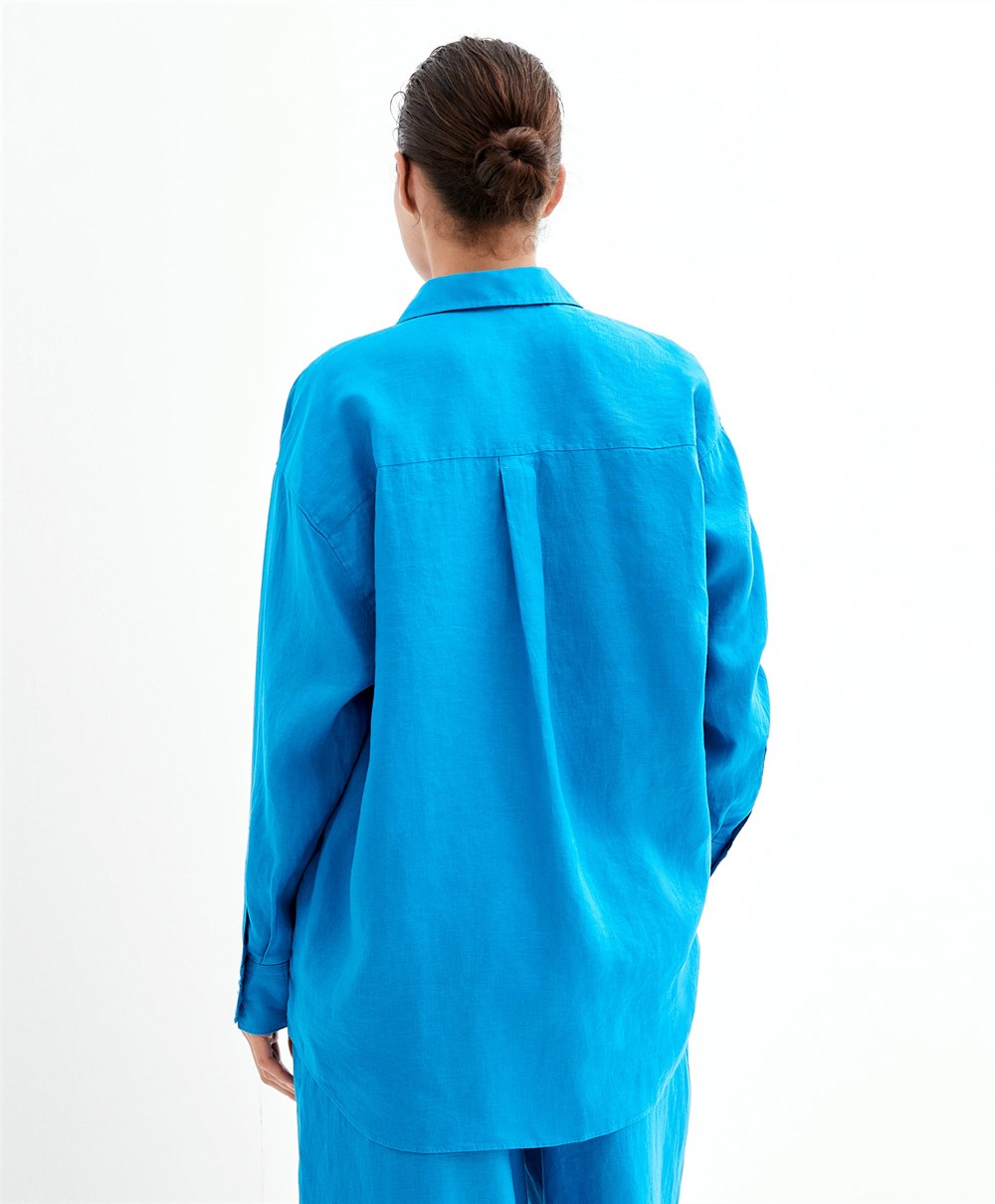 Oysho 100% Linen Long-sleeved Shirt Turquoise-blue | MYPNQL-382