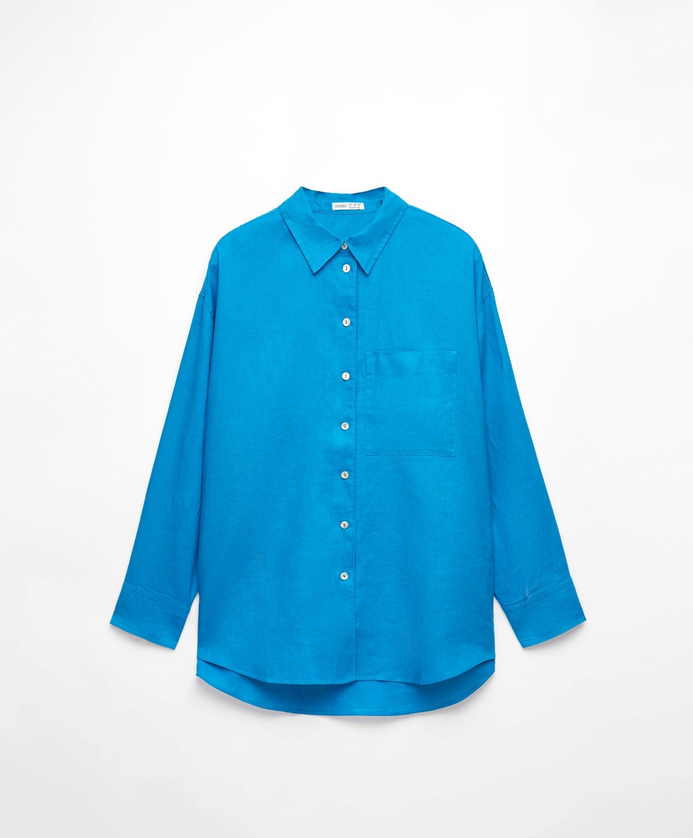 Oysho 100% Linen Long-sleeved Shirt Turquoise-blue | MYPNQL-382