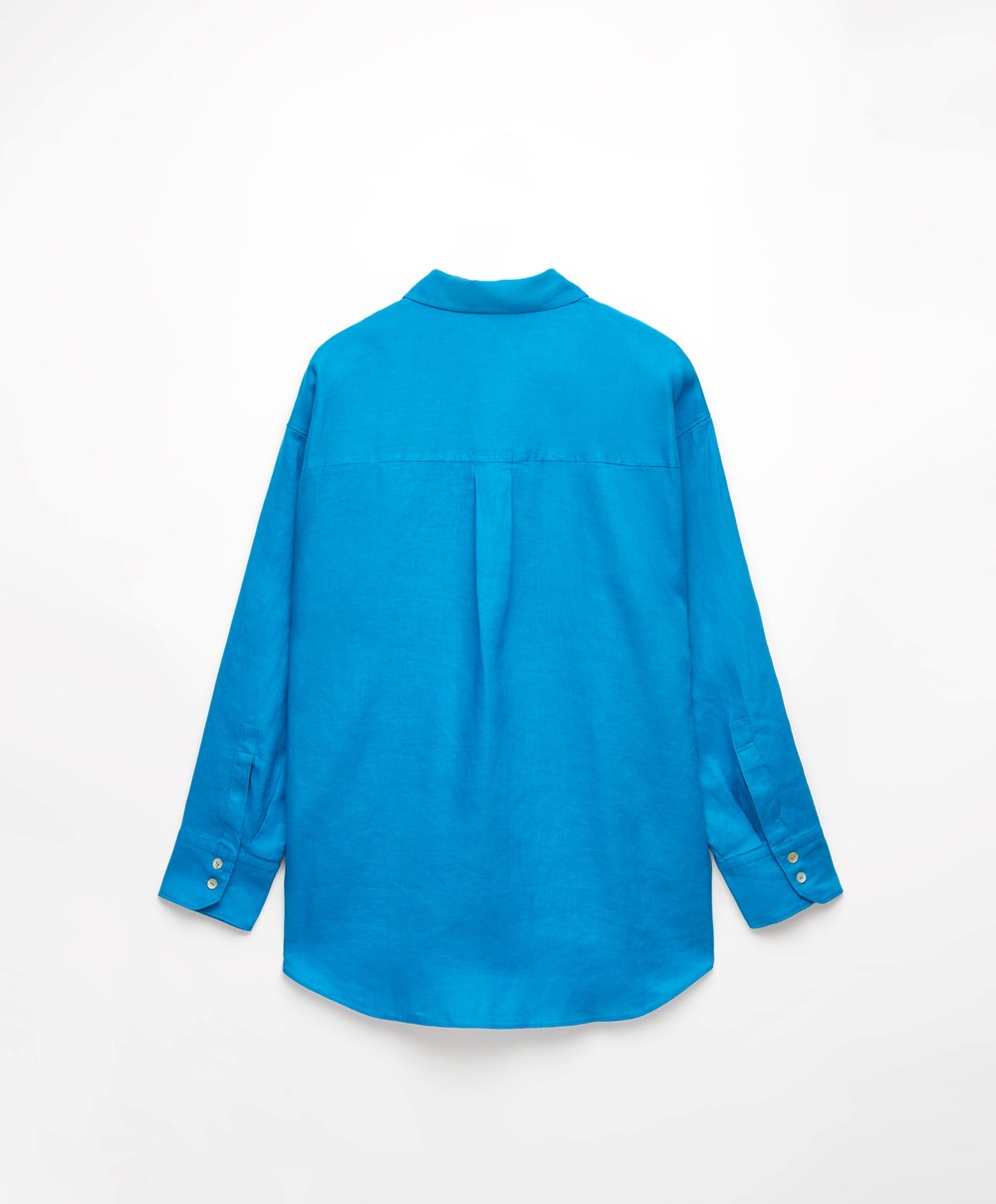 Oysho 100% Linen Long-sleeved Shirt Turquoise-blue | MYPNQL-382