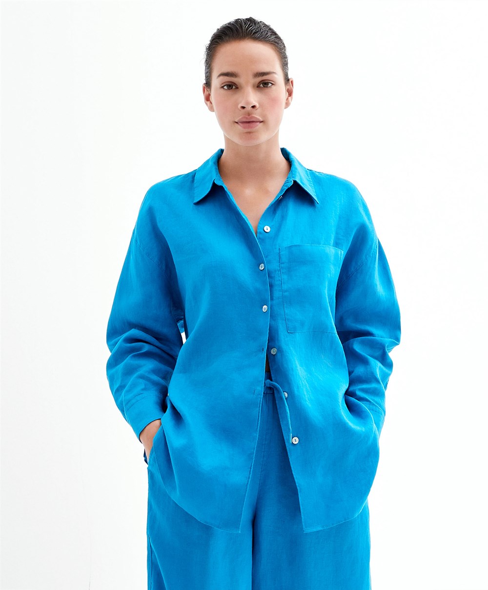 Oysho 100% Linen Long-sleeved Shirt Turquoise-blue | MYPNQL-382