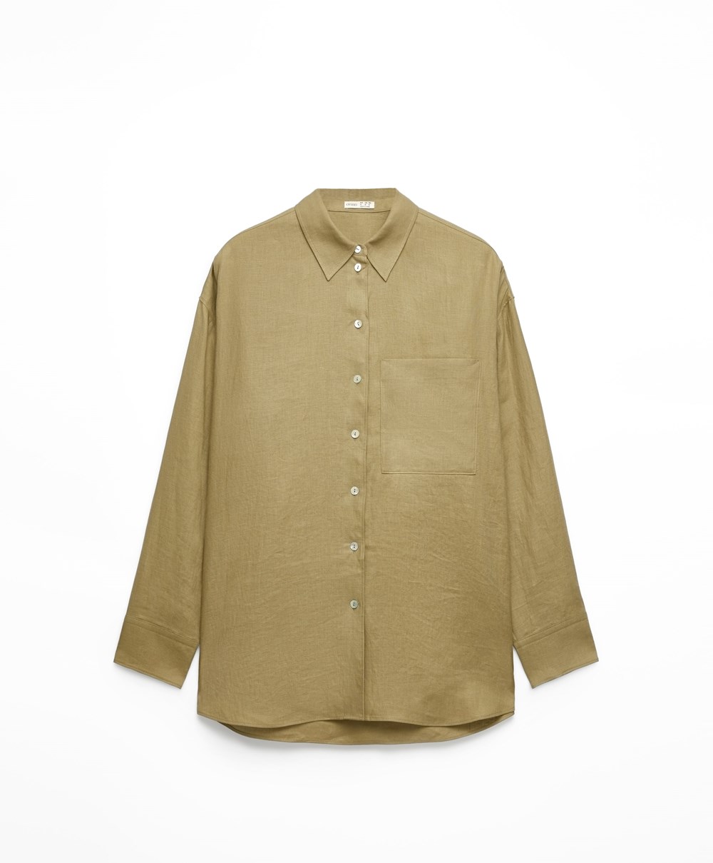 Oysho 100% Linen Long-sleeved Shirt Χακί | MDYFPS-346