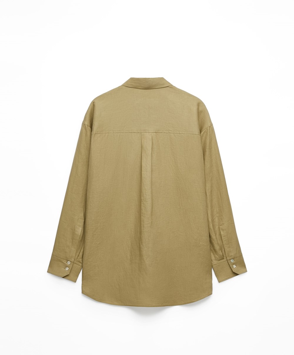 Oysho 100% Linen Long-sleeved Shirt Χακί | MDYFPS-346