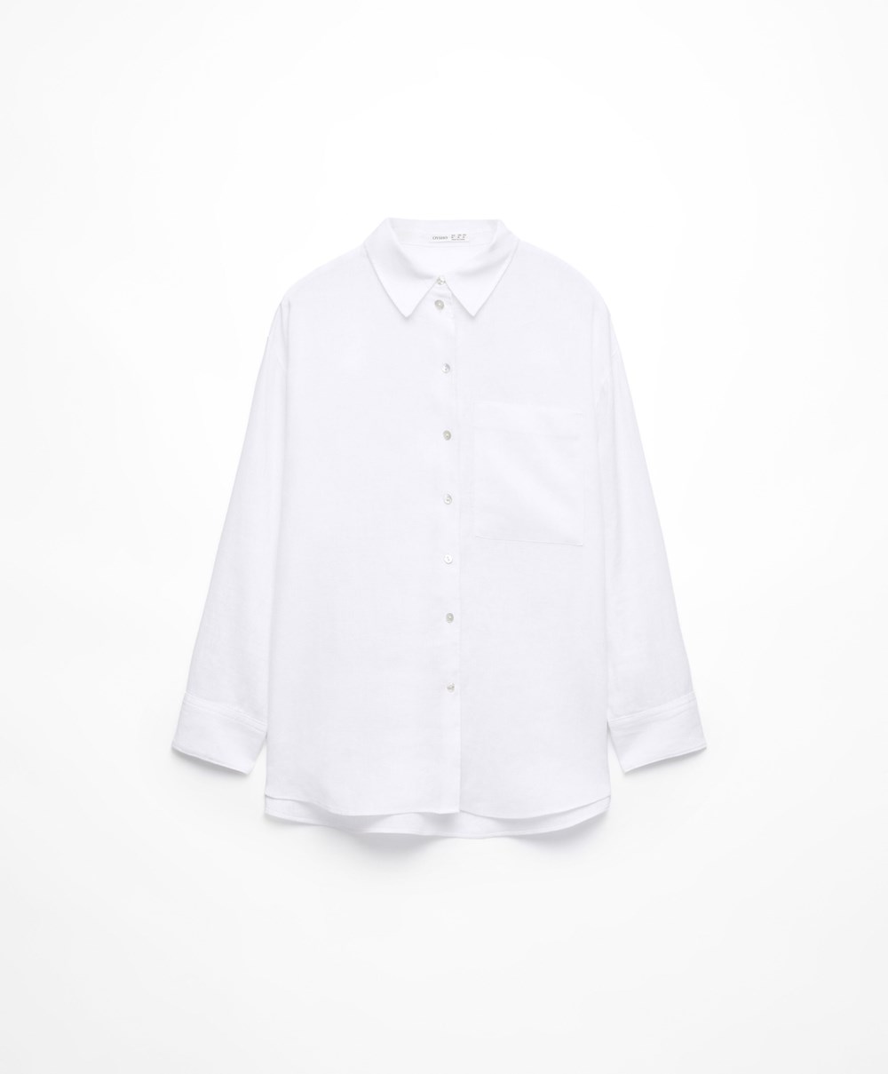 Oysho 100% Linen Long-sleeved Shirt ασπρα | YUTFEO-036