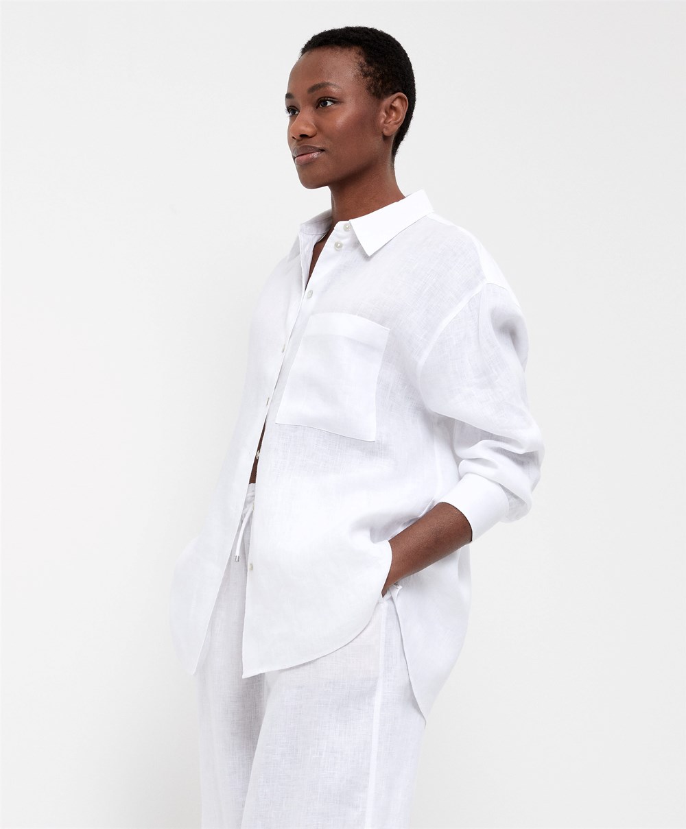 Oysho 100% Linen Long-sleeved Shirt ασπρα | YUTFEO-036