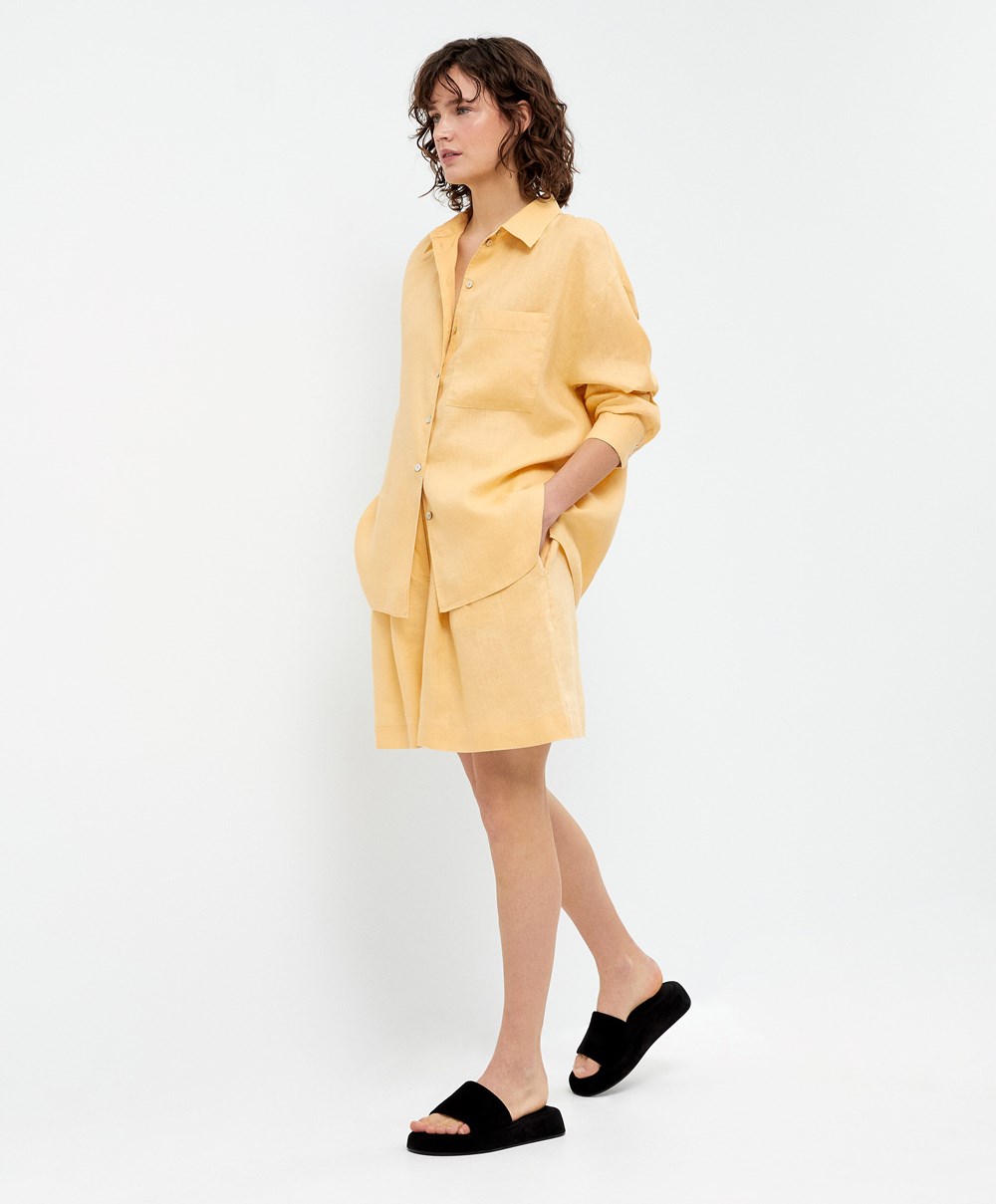 Oysho 100% Linen Long-sleeved Shirt κίτρινα | MEVXHR-170