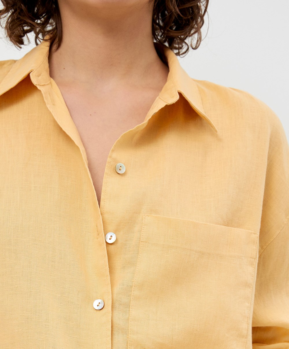 Oysho 100% Linen Long-sleeved Shirt κίτρινα | MEVXHR-170