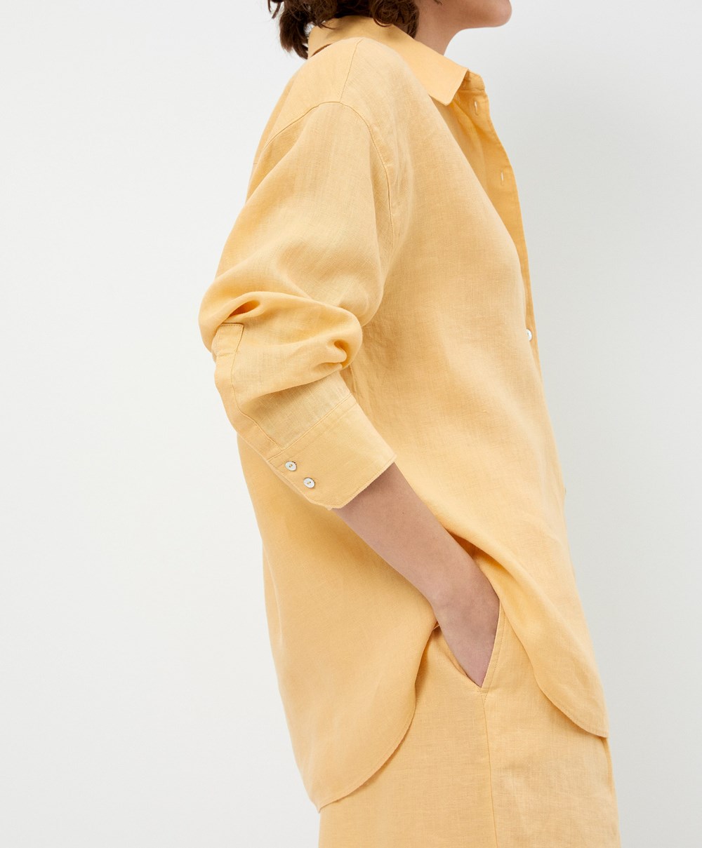 Oysho 100% Linen Long-sleeved Shirt κίτρινα | MEVXHR-170