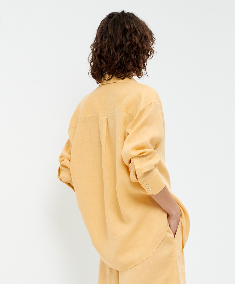 Oysho 100% Linen Long-sleeved Shirt κίτρινα | MEVXHR-170