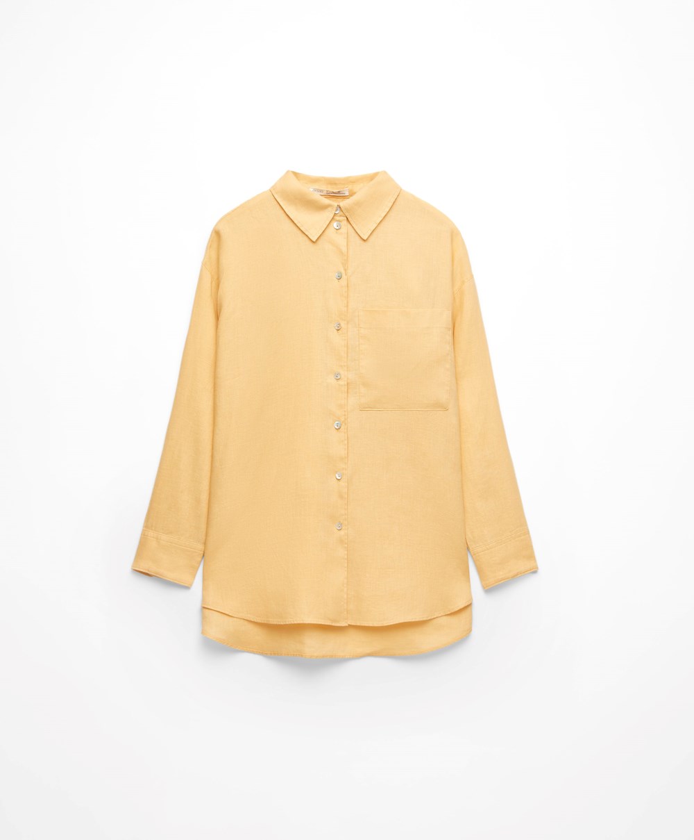 Oysho 100% Linen Long-sleeved Shirt κίτρινα | MEVXHR-170