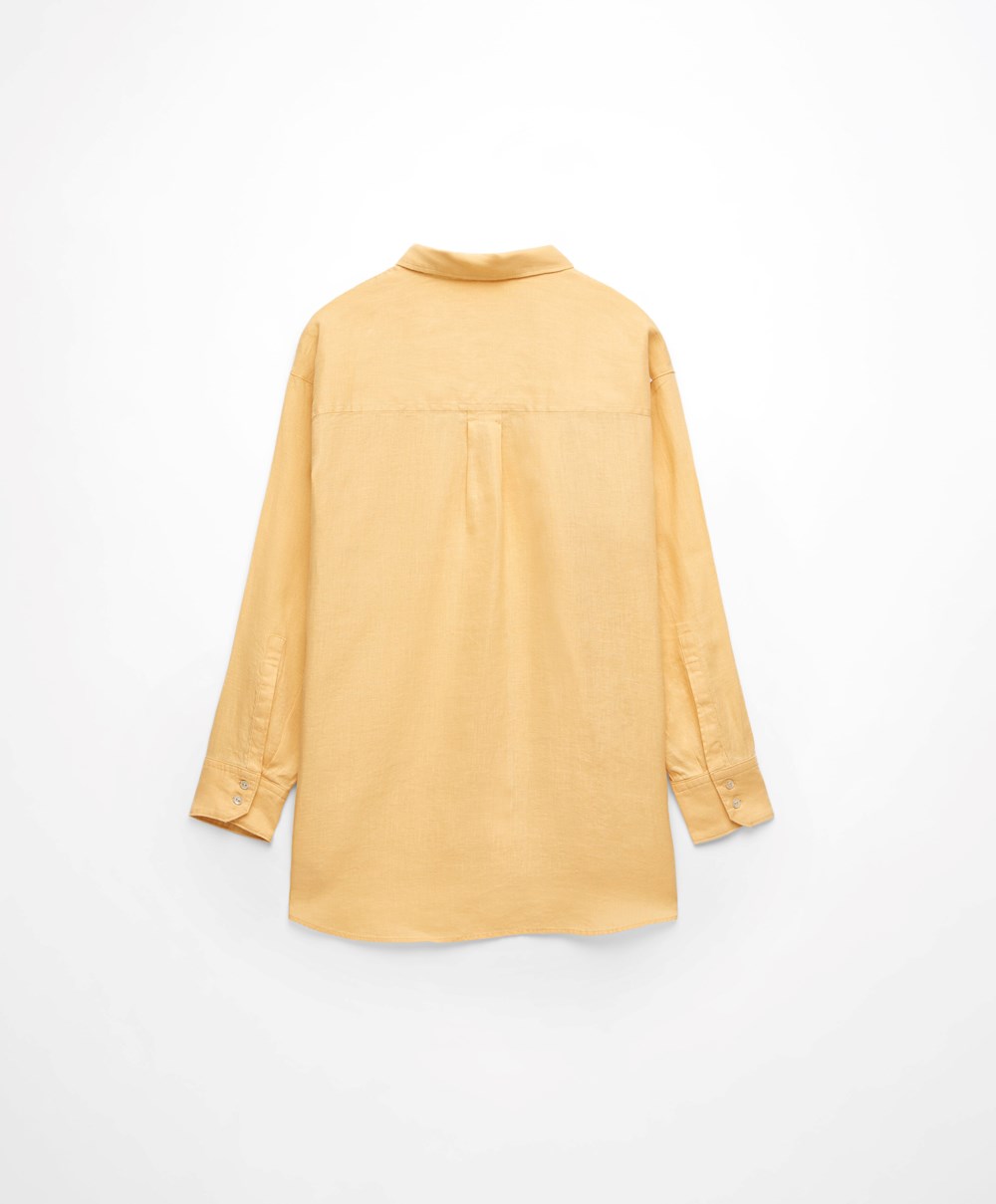 Oysho 100% Linen Long-sleeved Shirt κίτρινα | MEVXHR-170