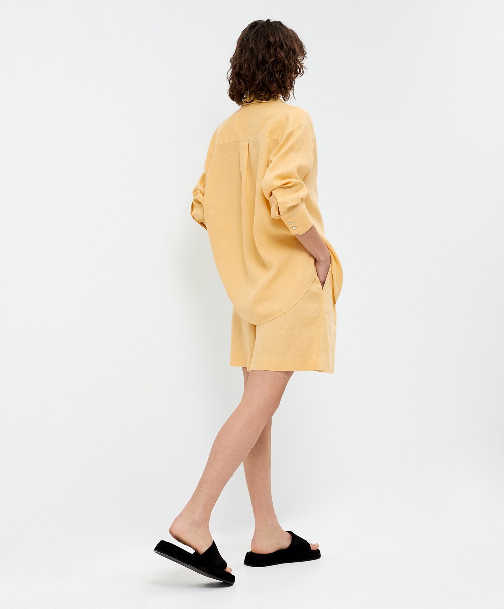 Oysho 100% Linen Long-sleeved Shirt κίτρινα | OILEAS-539