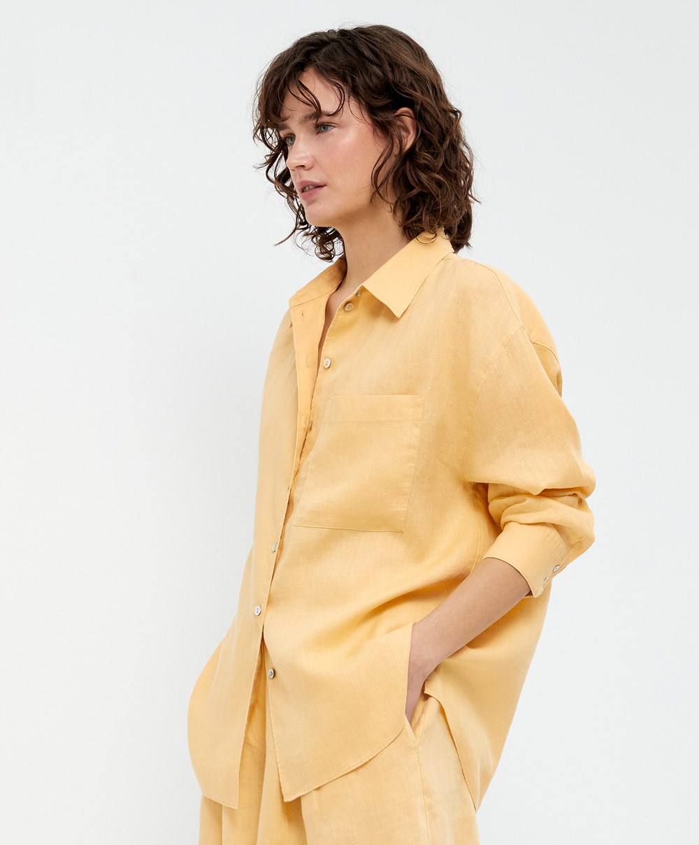 Oysho 100% Linen Long-sleeved Shirt κίτρινα | OILEAS-539