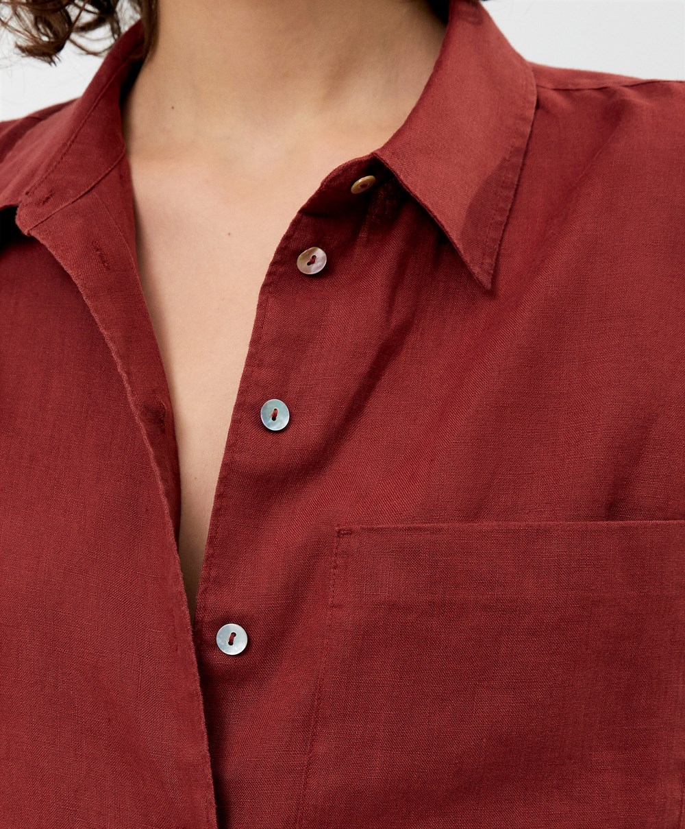 Oysho 100% Linen Long-sleeved Shirt καφε | CISNUB-849