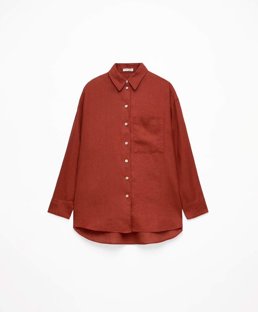 Oysho 100% Linen Long-sleeved Shirt καφε | CISNUB-849