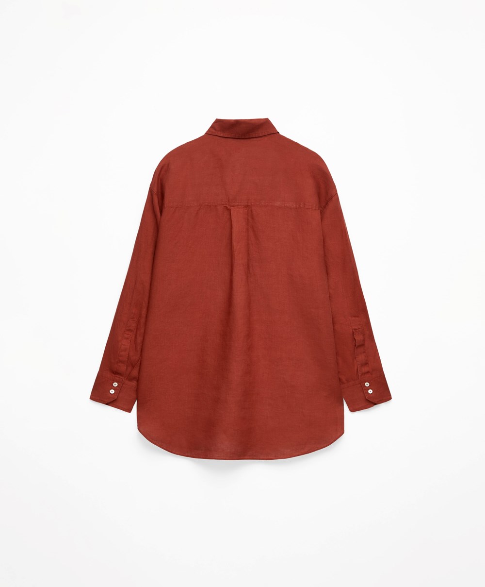 Oysho 100% Linen Long-sleeved Shirt καφε | CISNUB-849