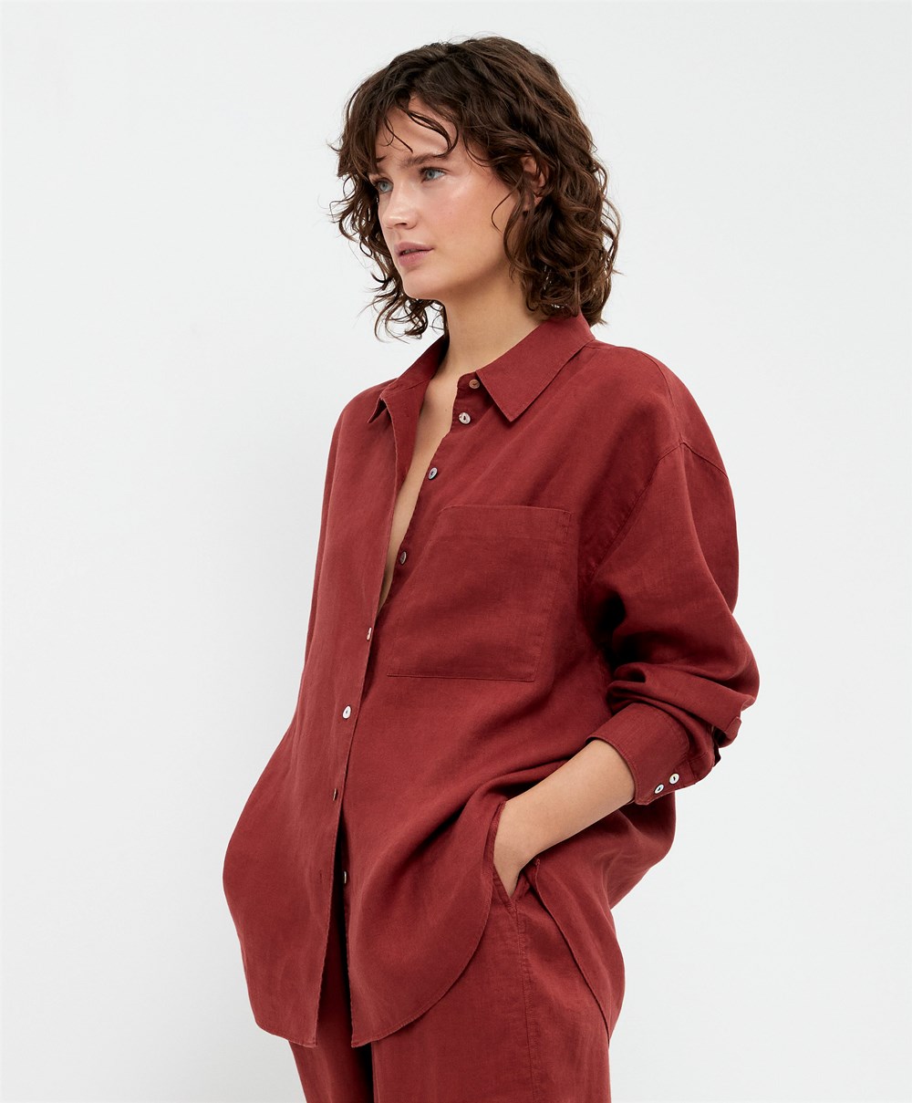 Oysho 100% Linen Long-sleeved Shirt καφε | XMAJOS-374