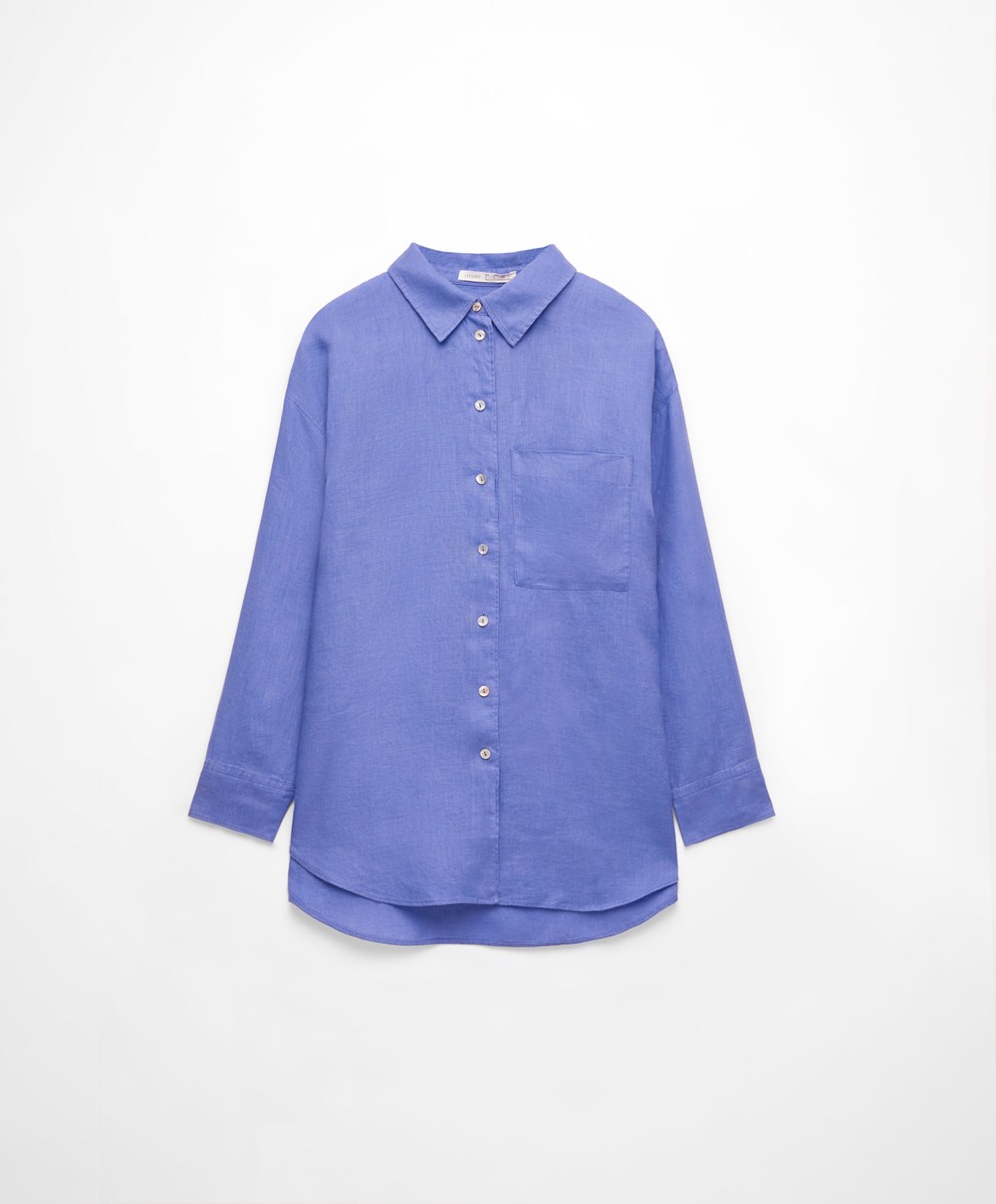 Oysho 100% Linen Long-sleeved Shirt λεβάντα | FBKSCA-245