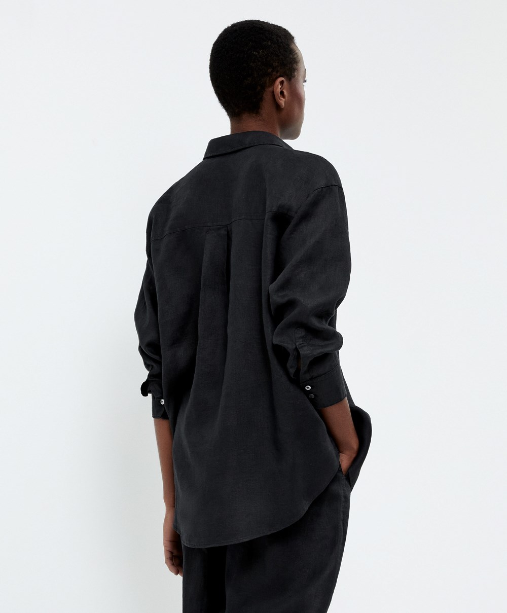 Oysho 100% Linen Long-sleeved Shirt μαυρα | DGPHYI-076