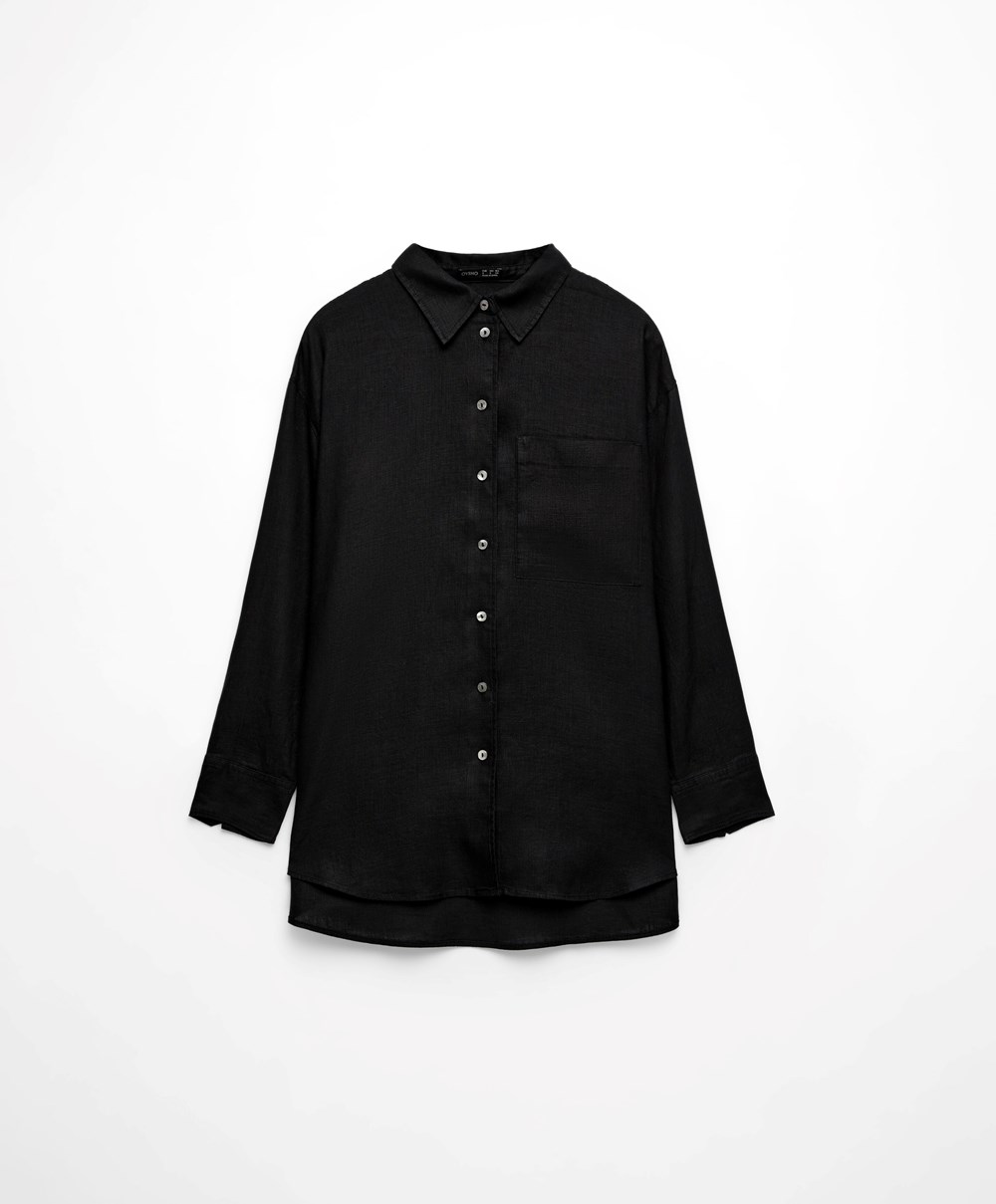 Oysho 100% Linen Long-sleeved Shirt μαυρα | DGPHYI-076