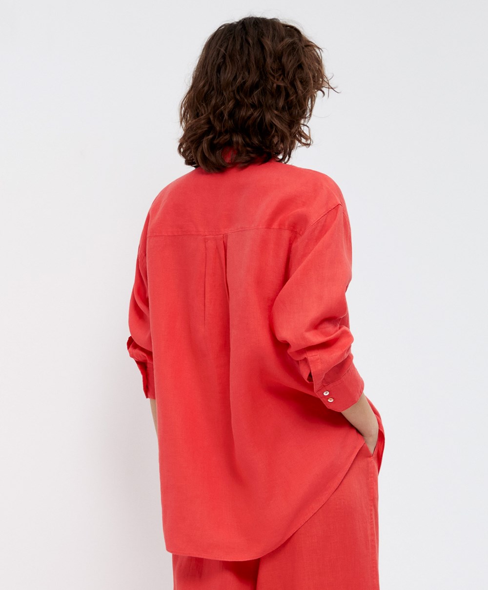 Oysho 100% Linen Long-sleeved Shirt πορτοκαλι | GERUCB-867