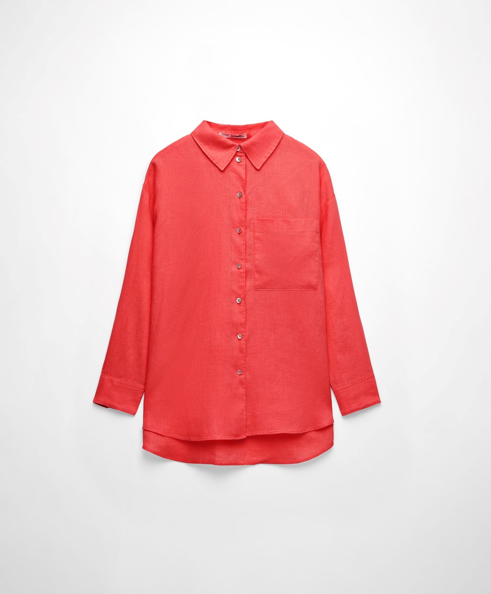 Oysho 100% Linen Long-sleeved Shirt πορτοκαλι | GERUCB-867