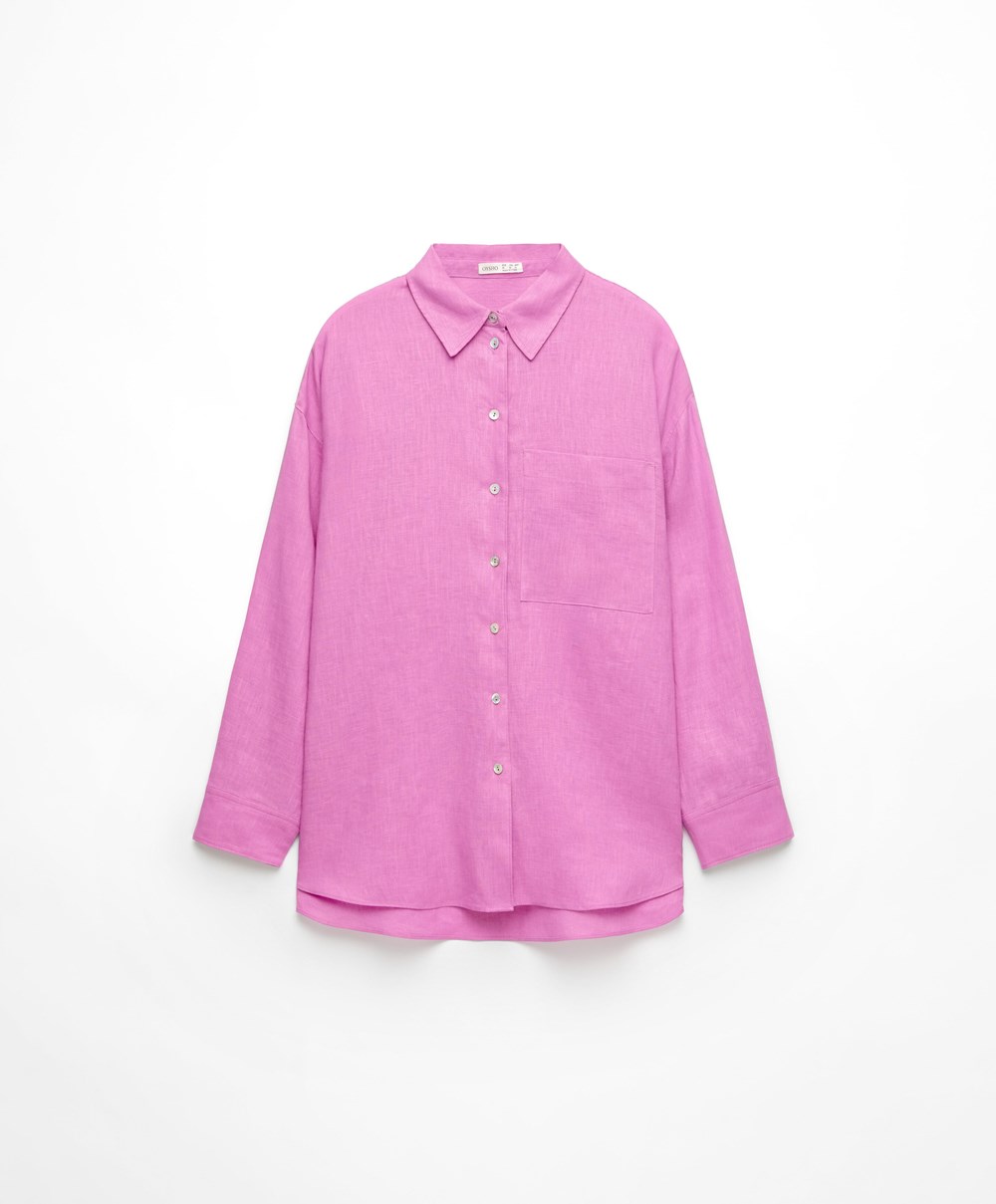 Oysho 100% Linen Long-sleeved Shirt ροζ | OFNQBX-098