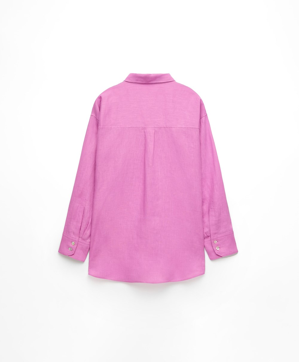 Oysho 100% Linen Long-sleeved Shirt ροζ | OFNQBX-098