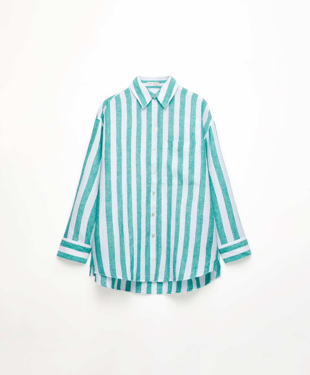 Oysho 100% Linen Long-sleeved Shirt τυρκουάζ | CPFQLJ-340