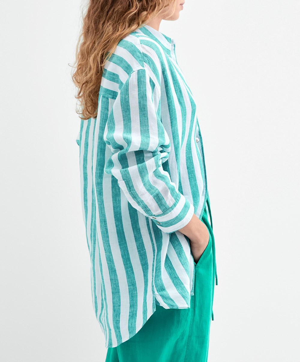 Oysho 100% Linen Long-sleeved Shirt τυρκουάζ | LTDQRS-701