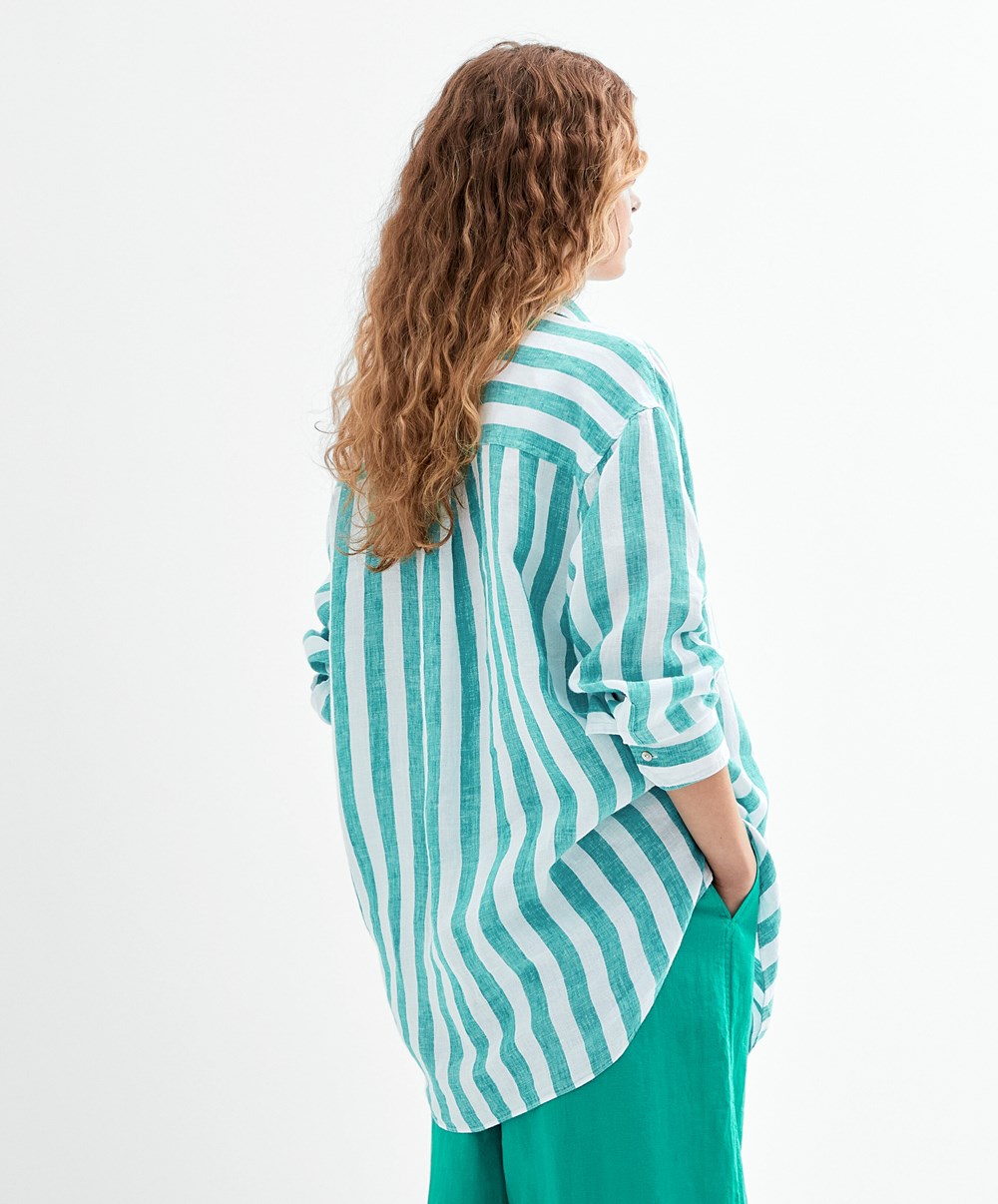 Oysho 100% Linen Long-sleeved Shirt τυρκουάζ | LTDQRS-701