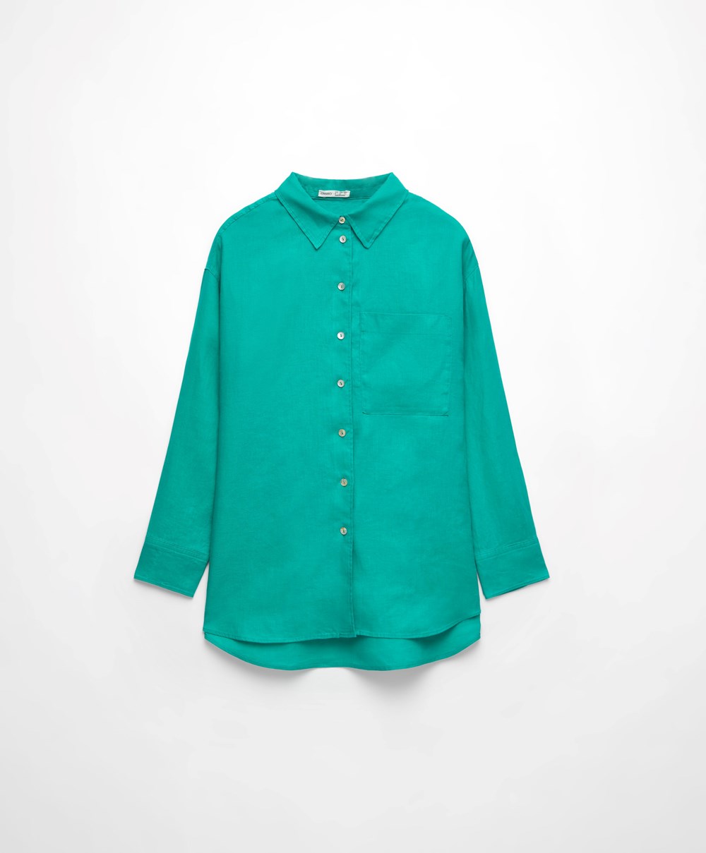 Oysho 100% Linen Long-sleeved Shirt τυρκουάζ πρασινο | WQBDGT-197