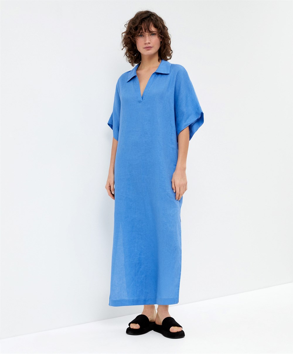 Oysho 100% Linen Polo Collar Tunic φορεμα μπλε | CJSHUX-749