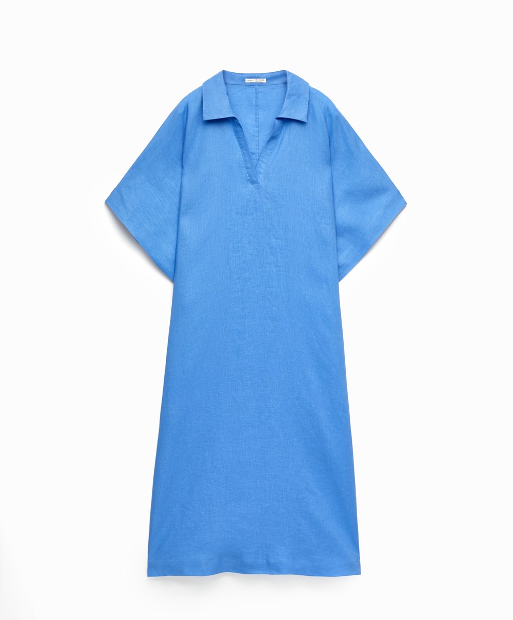 Oysho 100% Linen Polo Collar Tunic φορεμα μπλε | CJSHUX-749