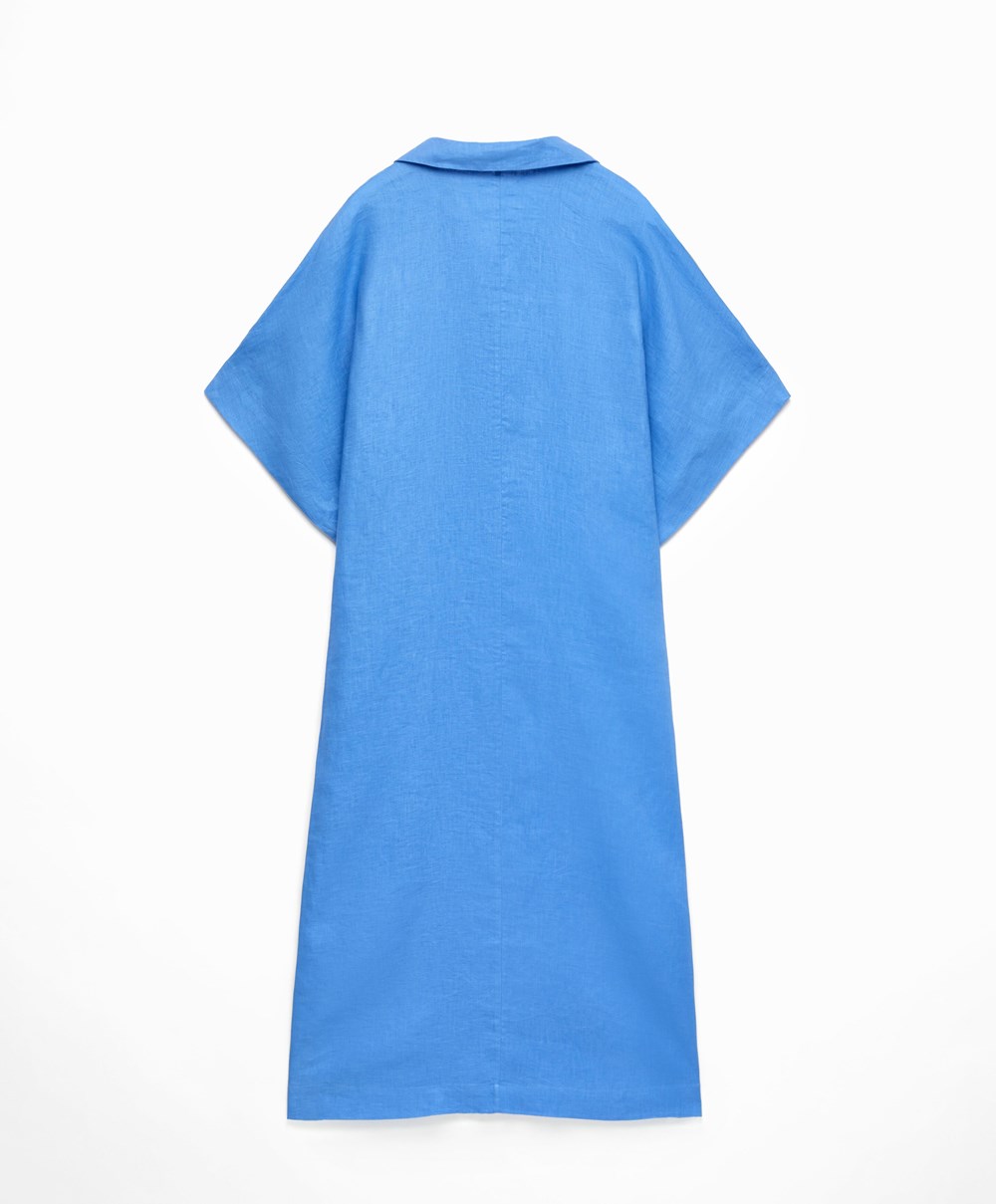 Oysho 100% Linen Polo Collar Tunic φορεμα μπλε | CJSHUX-749