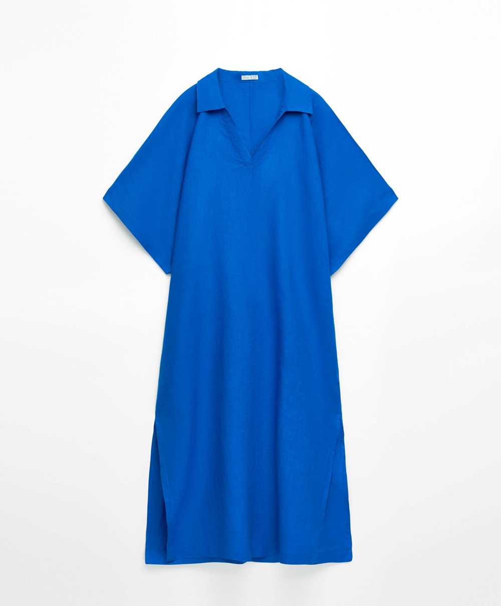 Oysho 100% Linen Polo Collar Tunic φορεμα μπλε | GCQITY-621