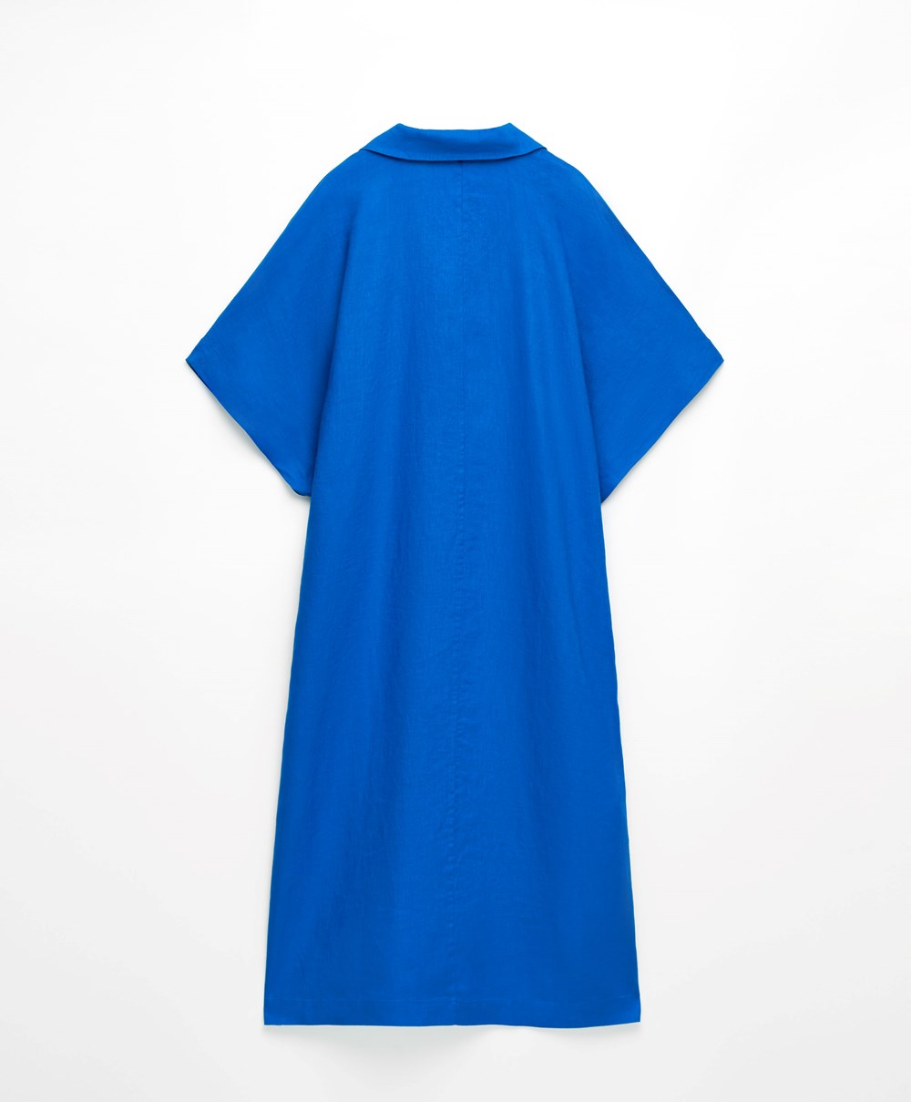 Oysho 100% Linen Polo Collar Tunic φορεμα μπλε | GCQITY-621