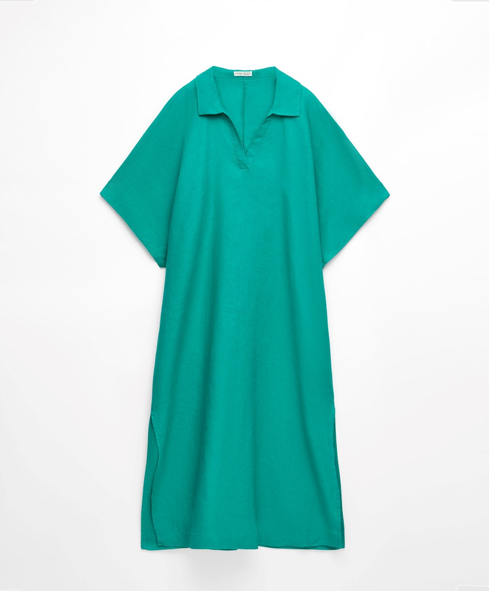 Oysho 100% Linen Polo Collar Tunic φορεμα τυρκουάζ πρασινο | MYWSTX-091