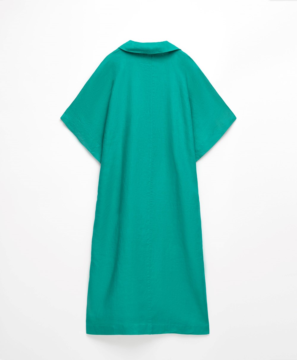 Oysho 100% Linen Polo Collar Tunic φορεμα τυρκουάζ πρασινο | MYWSTX-091