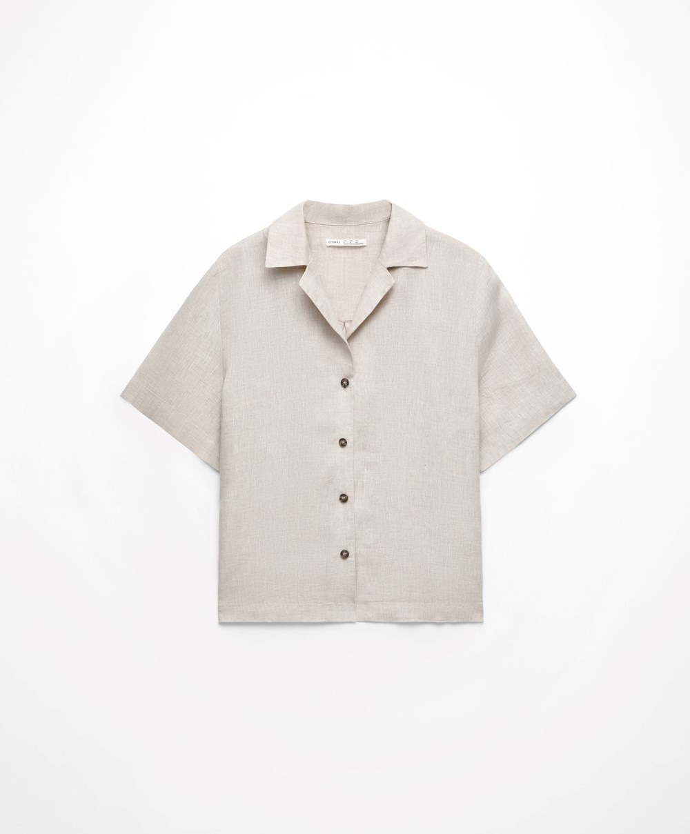 Oysho 100% Linen Shirt Sand Melange | KWEIAB-861