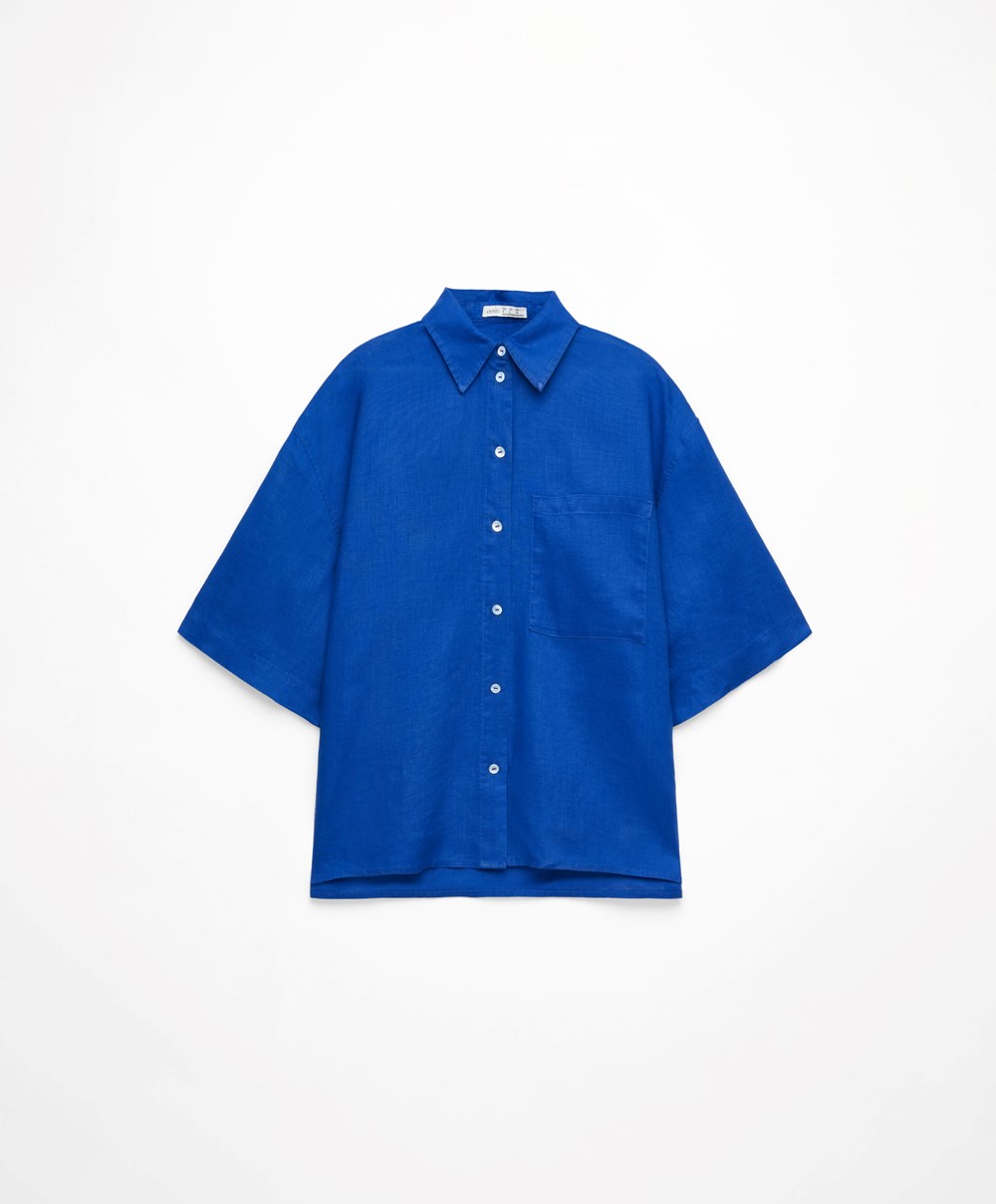 Oysho 100% Linen Shirt μπλε | MFZTUW-782