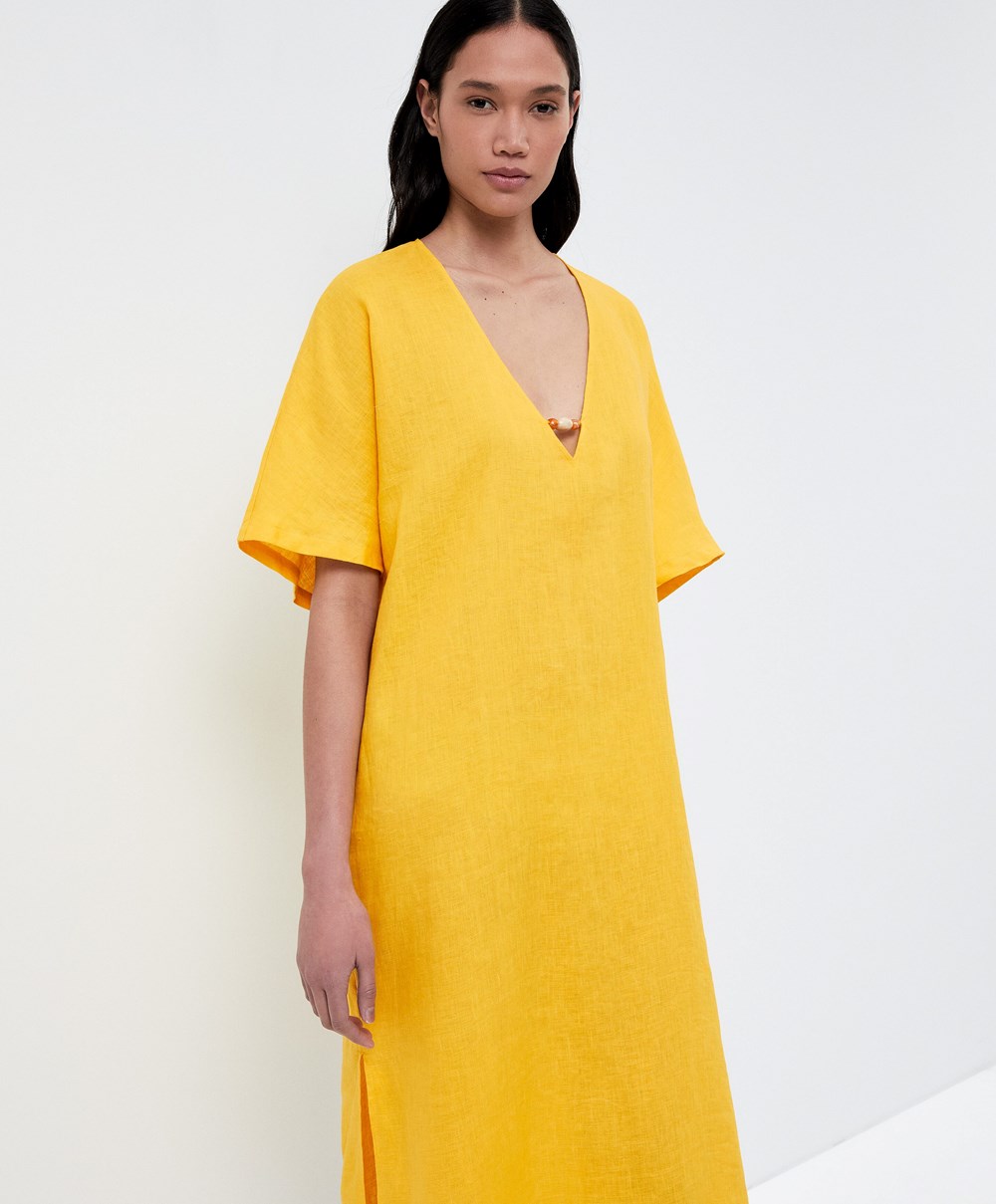 Oysho 100% Linen Tunic φορεμα Mid-yellow | MJGRPQ-281