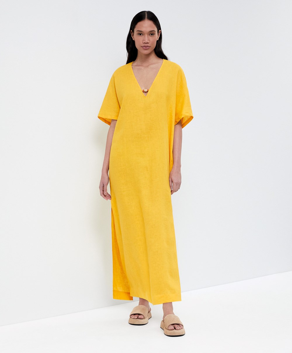 Oysho 100% Linen Tunic φορεμα Mid-yellow | MJGRPQ-281